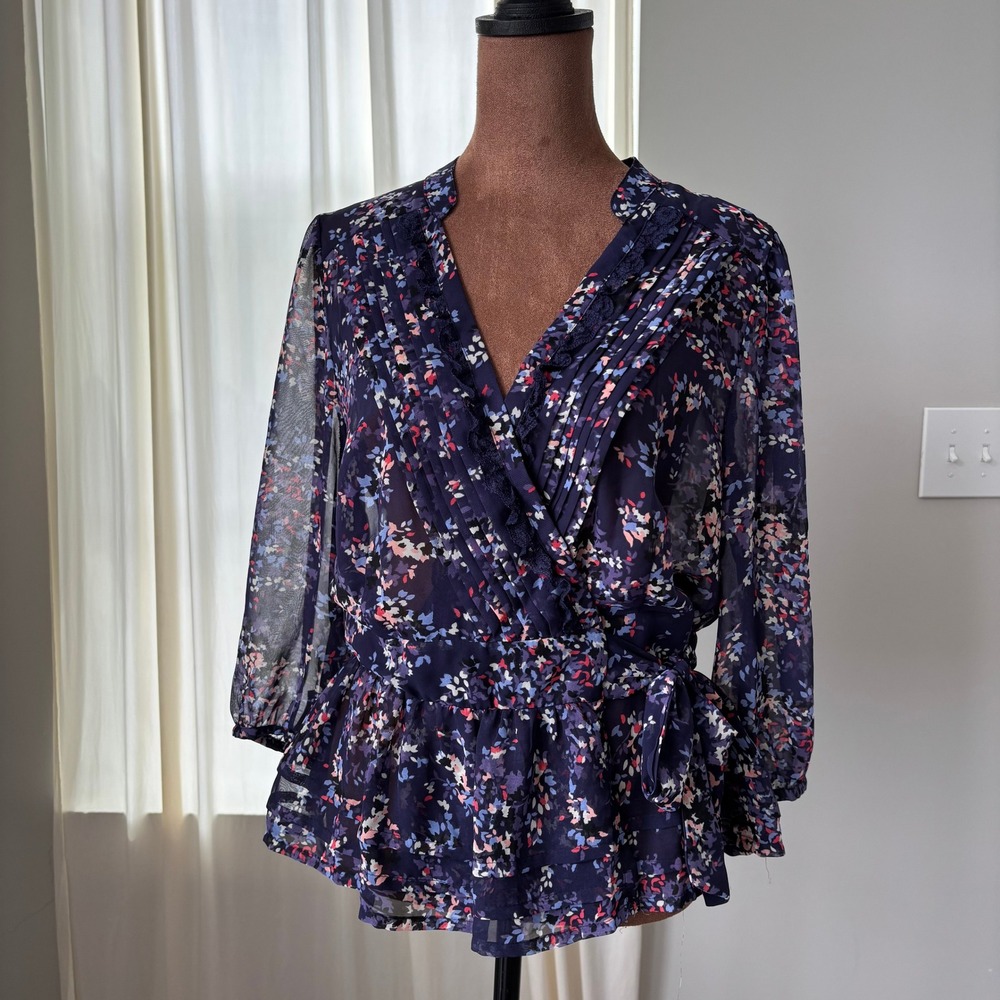 Purple Floral Wrap Top Medium Lace Trim Semi Sheer Boho Chic Fairy Preppy Summer